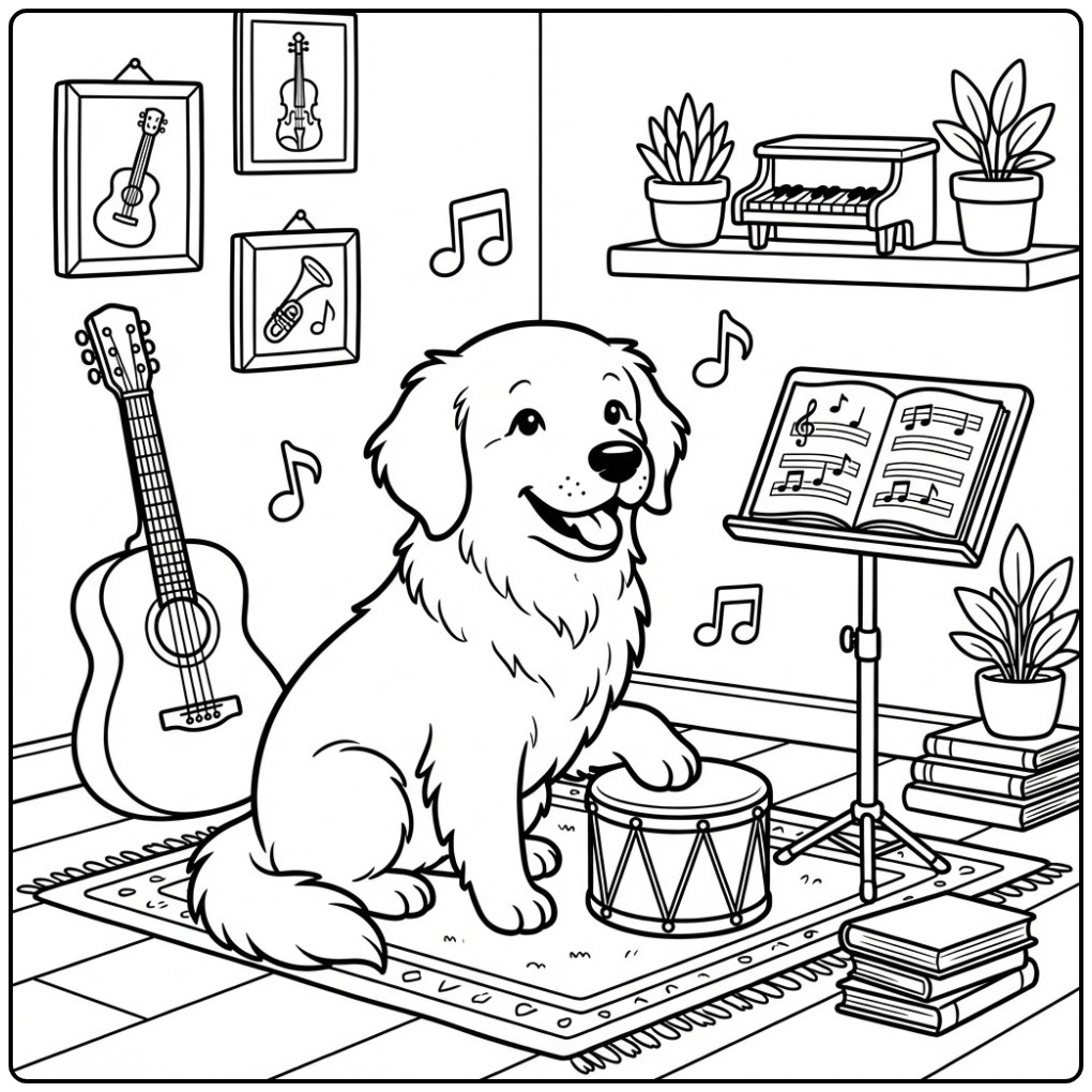 Een muzikale kleurplaat golden retriever met een trommel.