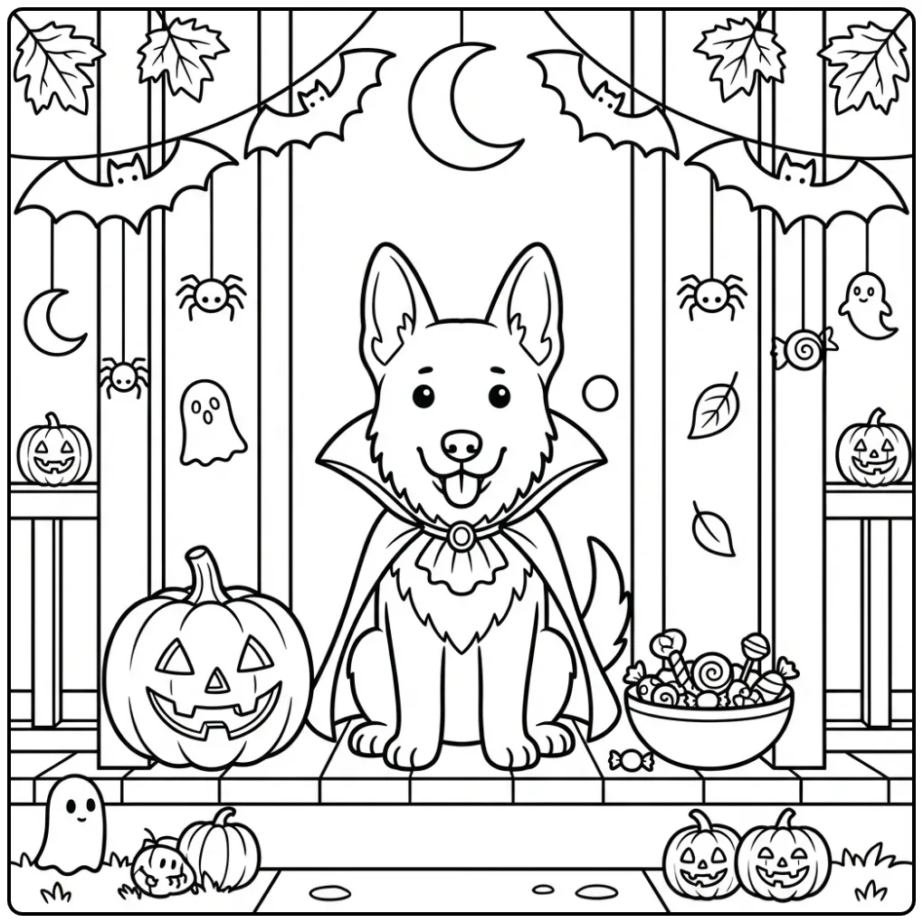 Een leuke kleurplaat halloween hond als vampier op de veranda.