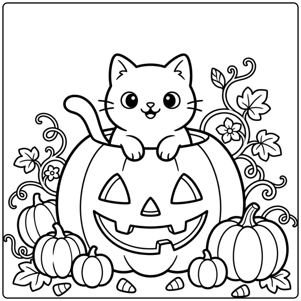 Een schattige kleurplaat halloween kat in een grote pompoen.