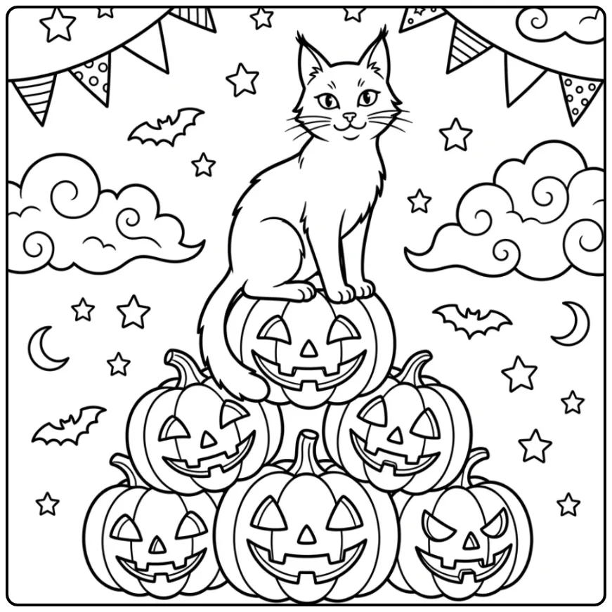 Schattige kleurplaat halloween kat op een stapel pompoenen