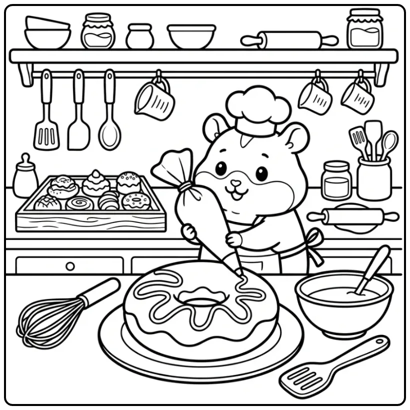 Schattige kleurplaat hamster versiert een grote donut.