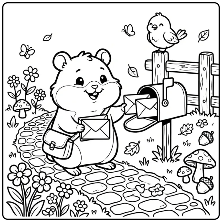 Schattige kleurplaat hamster die post bezorgt met een tasje.