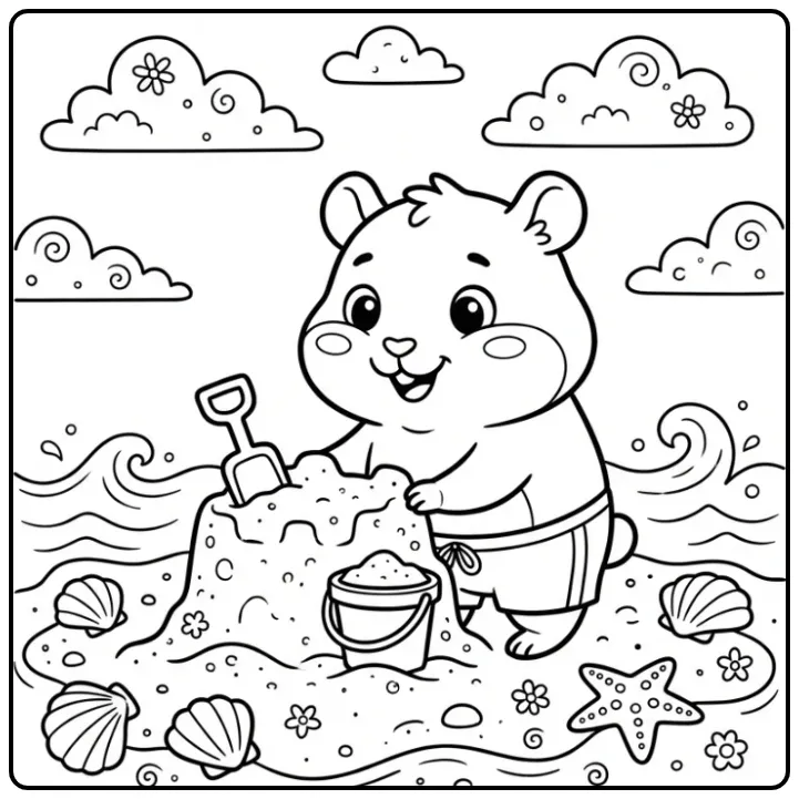 Schattige kleurplaat hamster met emmer en schepje.