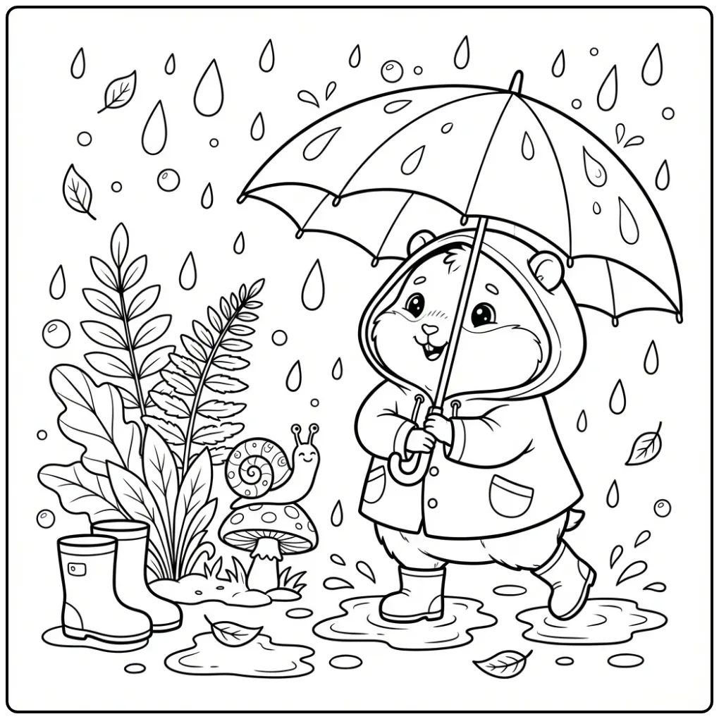 Schattige kleurplaat hamster met regenjas en grote paraplu.