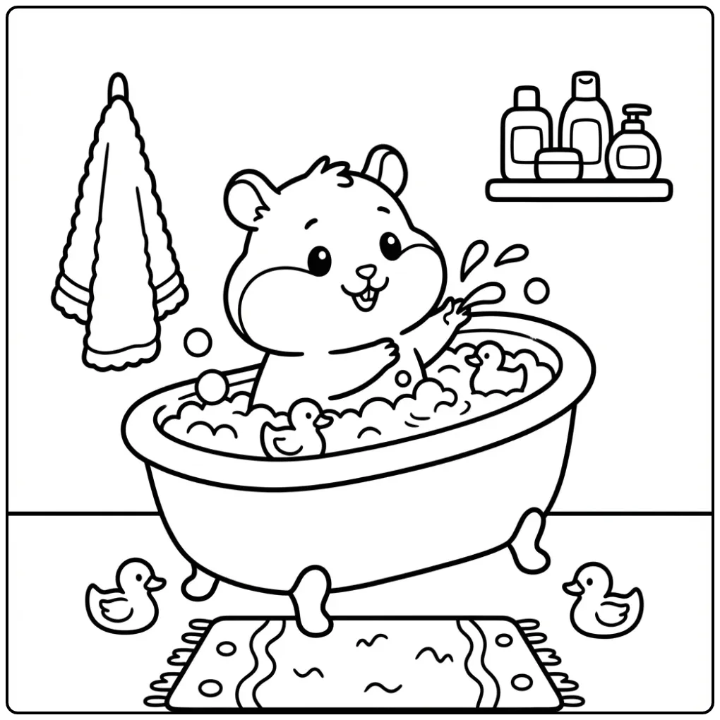 Leuke kleurplaat hamster spetterend in een klein badje.