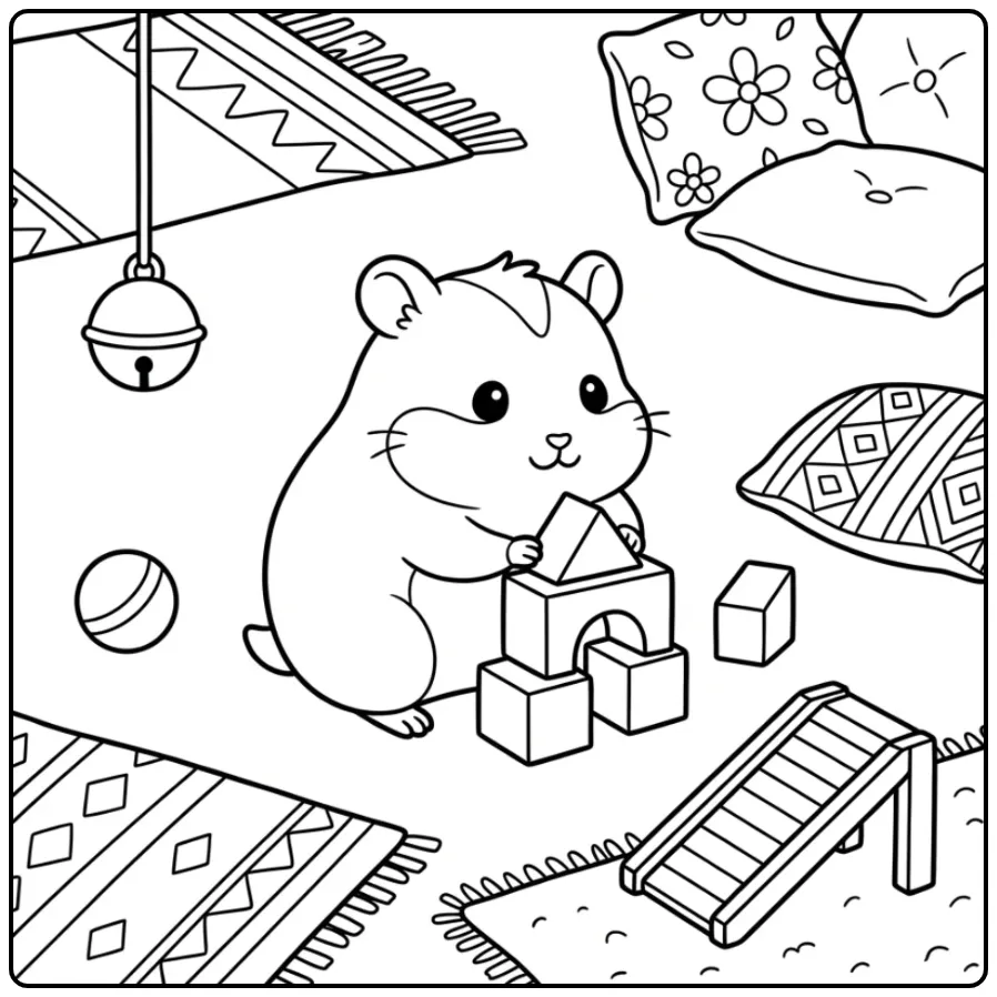Schattige kleurplaat hamster speelt met houten blokken.