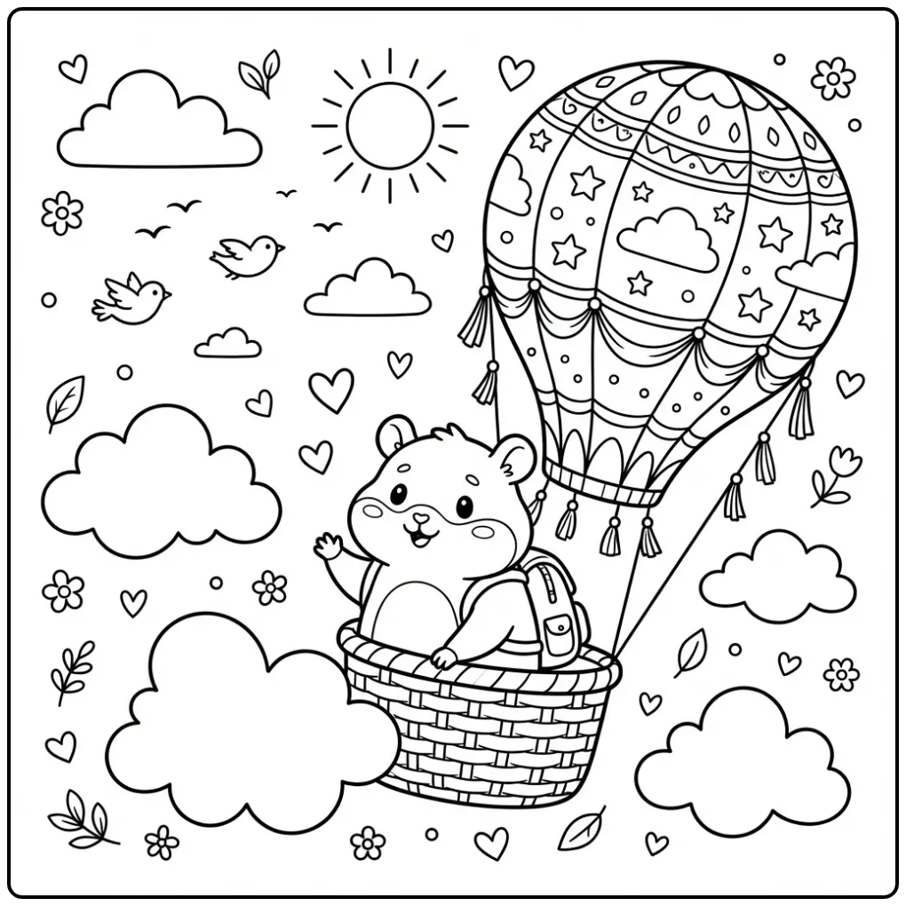 Schattige kleurplaat hamster zwevend in een luchtballon.
