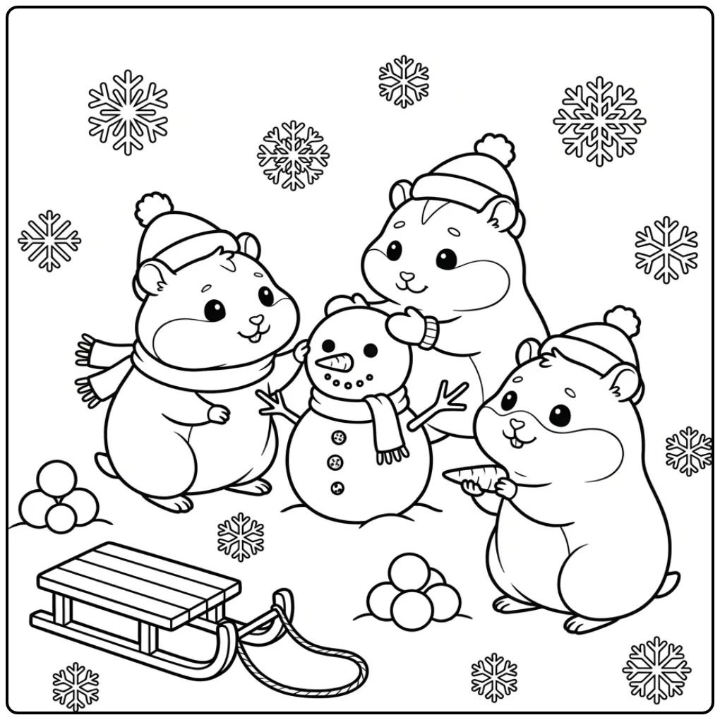 Winterse kleurplaat hamster: drie diertjes in de sneeuw.