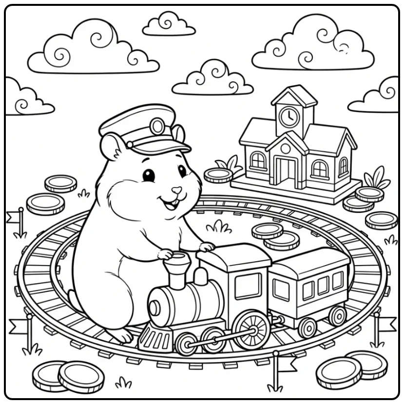 Een leuke kleurplaat hamster in een treintje op de rails.
