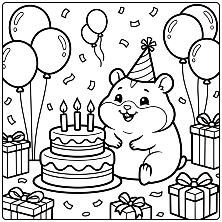 Feestelijke kleurplaat hamster schattig met verjaardagstaart