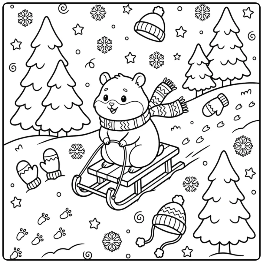 Een leuke kleurplaat hamster op een slee in de sneeuw.