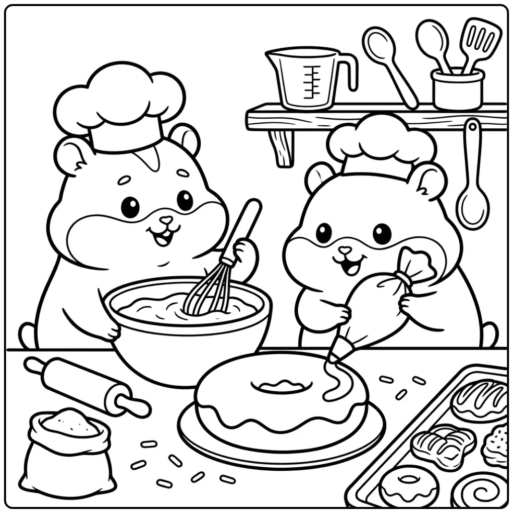 Schattige kleurplaat hamsters bakken samen in de keuken.