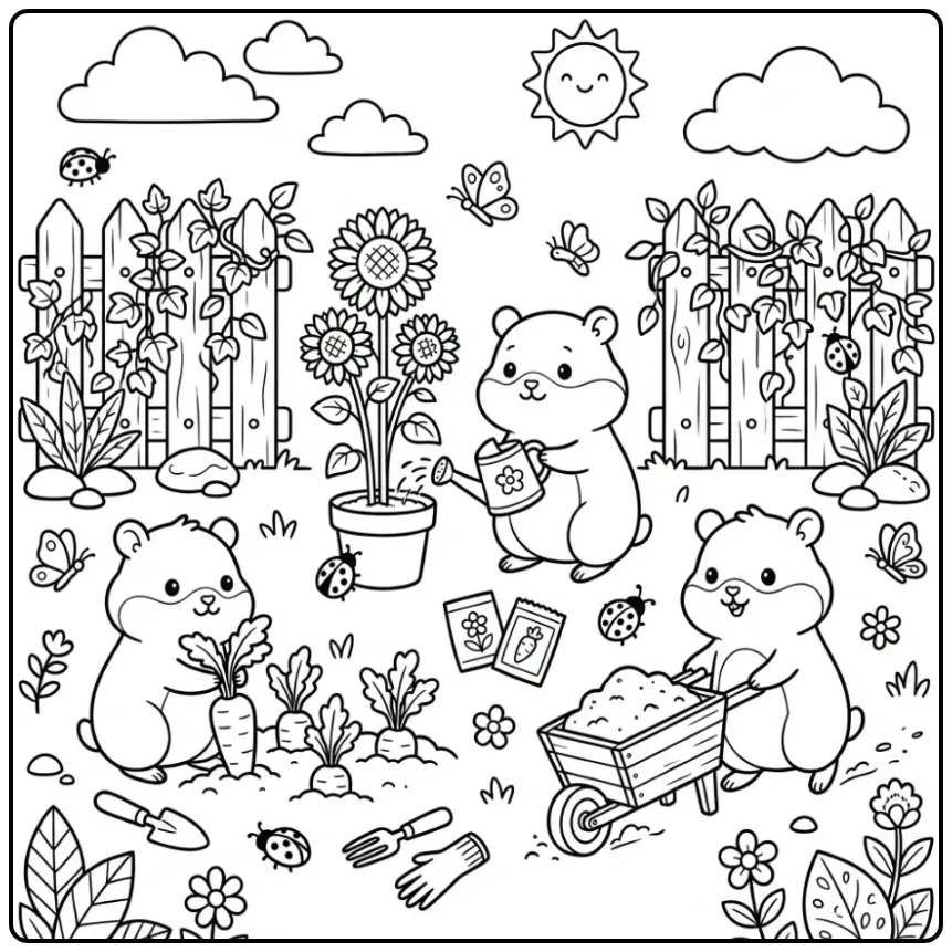 Kleurplaat hamsters die samen in de tuin werken.