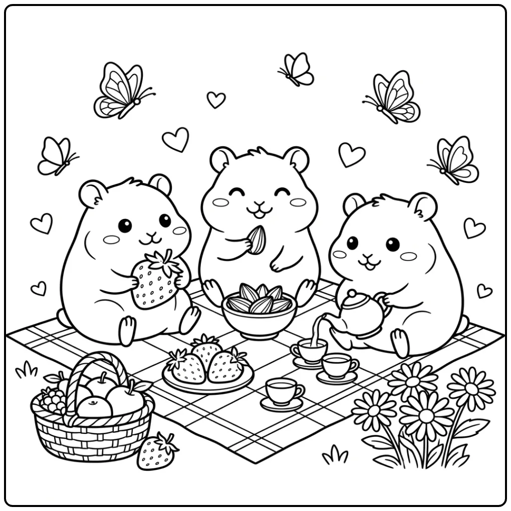 Schattige kleurplaat hamsters tijdens een gezellige picknick.
