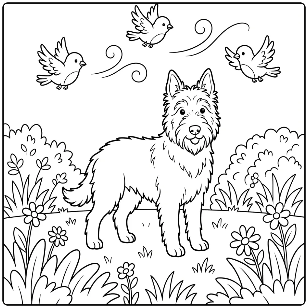 Een leuke kleurplaat hond in een veld met bloemen en vogels.