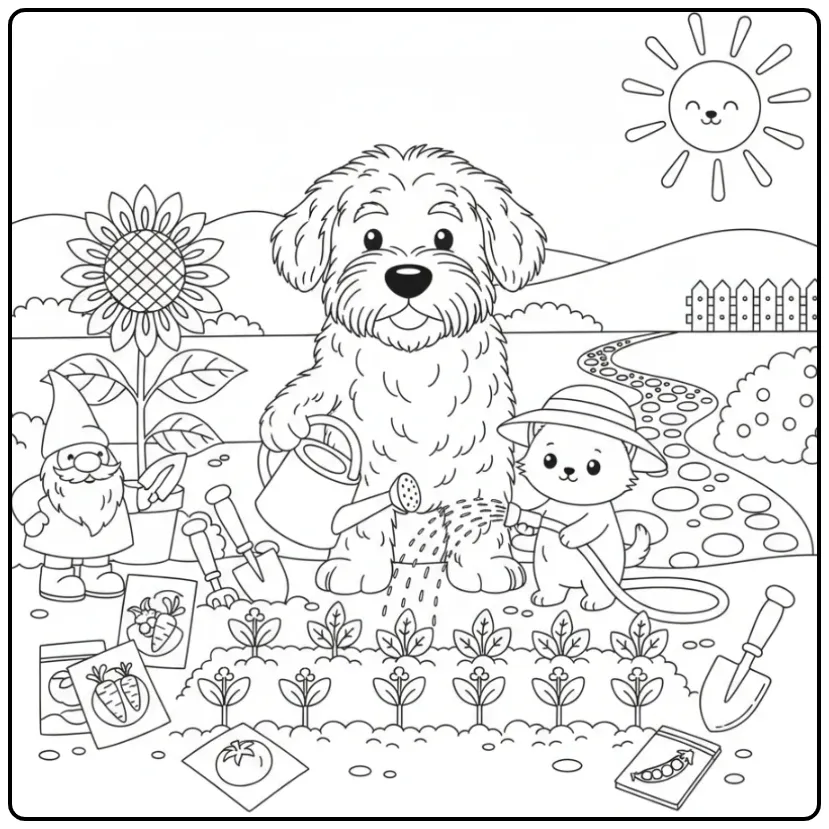 Een schattige kleurplaat hond en kat die de tuin water geven.