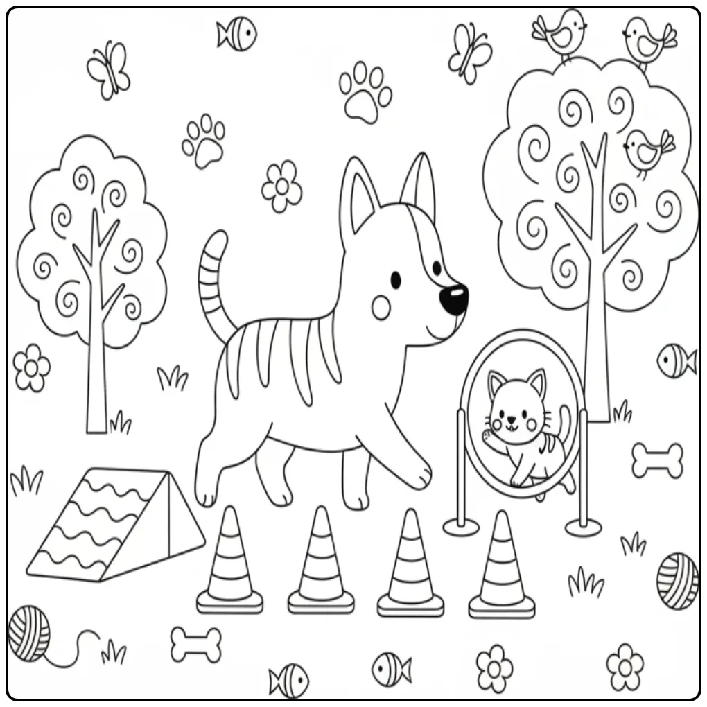 Speelse kleurplaat hond en kat op een hindernisbaan in het park.