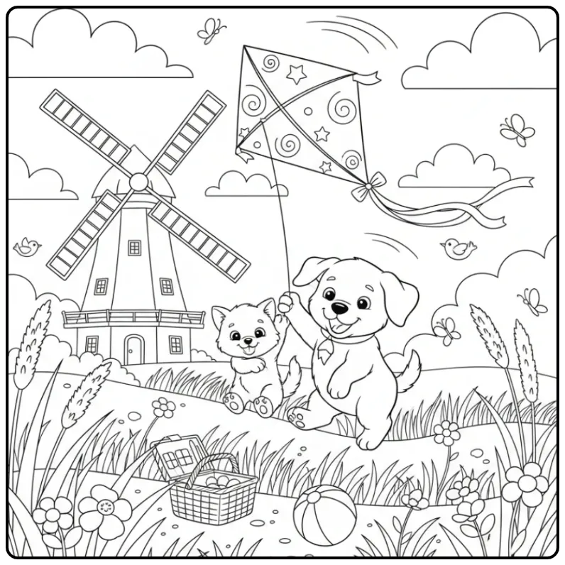 Een schattige kleurplaat hond en kat die samen vliegeren.