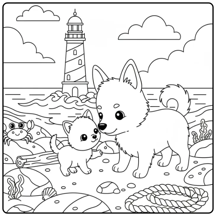 Een schattige kleurplaat hond en kat bij een vuurtoren aan zee.
