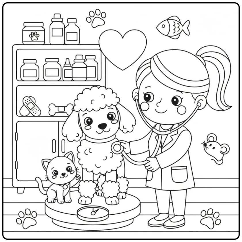 Een leuke kleurplaat hond en kat bij de vriendelijke dierenarts.