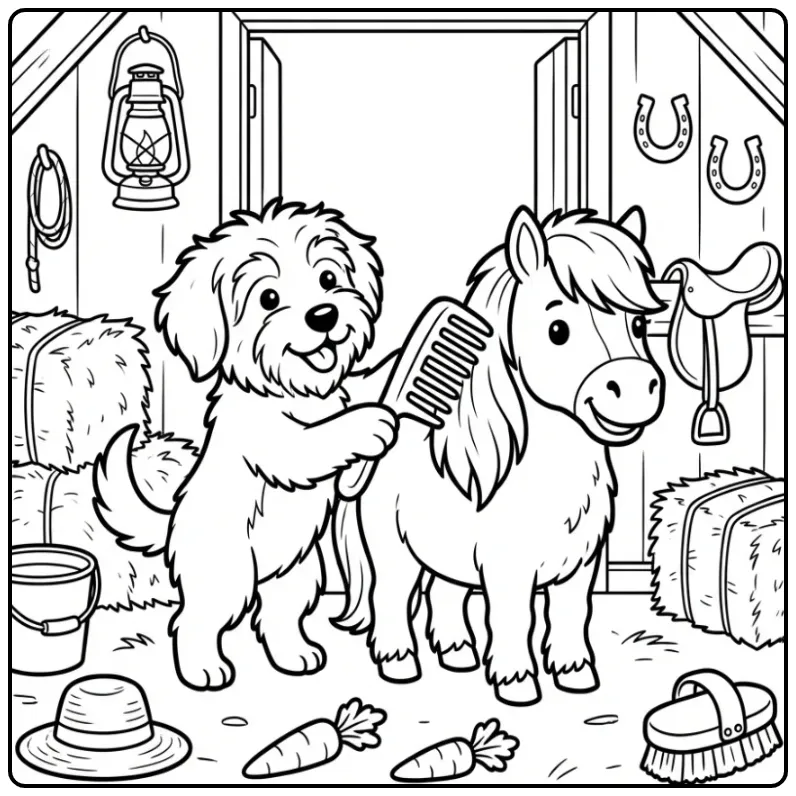 Een schattige kleurplaat hond en paard in een gezellige stal.