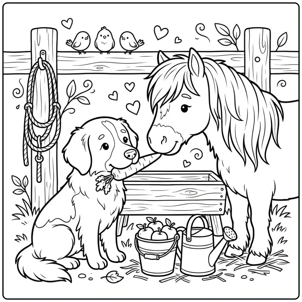 Een lieve kleurplaat hond en paard die een wortel delen.