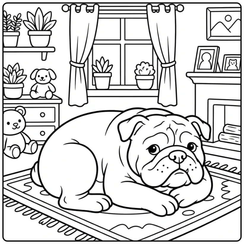 Schattige kleurplaat hond Engelse Bulldog op een zacht kleed.