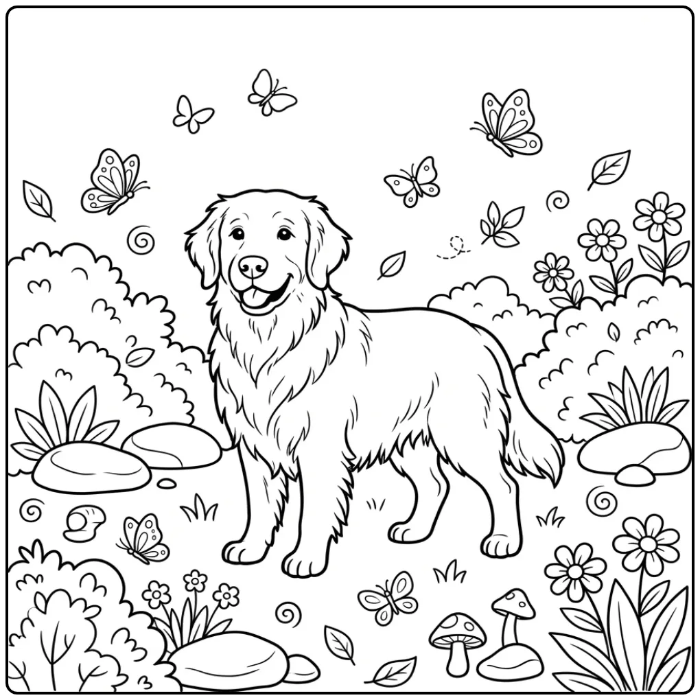 Golden Retriever in tuin kleurplaat hond met vlinders.
