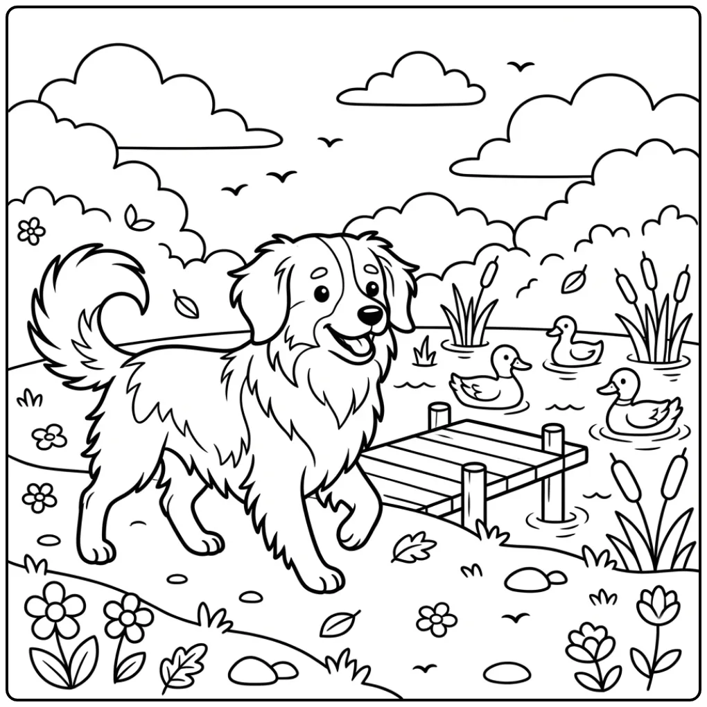 Nederlandse Kooikerhondje kleurplaat hond bij een steiger.