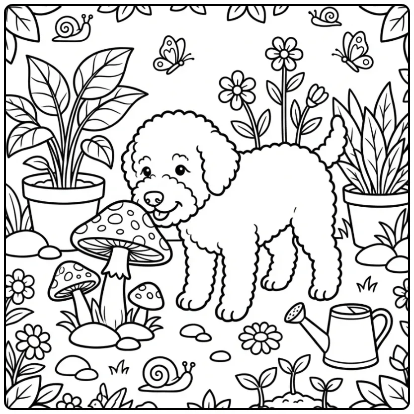 Schattige kleurplaat hond Lagotto Romagnolo in bloementuin.