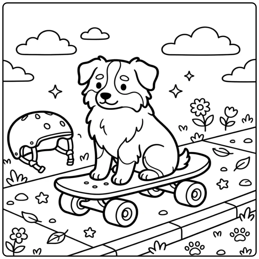 Leuke kleurplaat hond makkelijk van een Aussie op een skateboard.