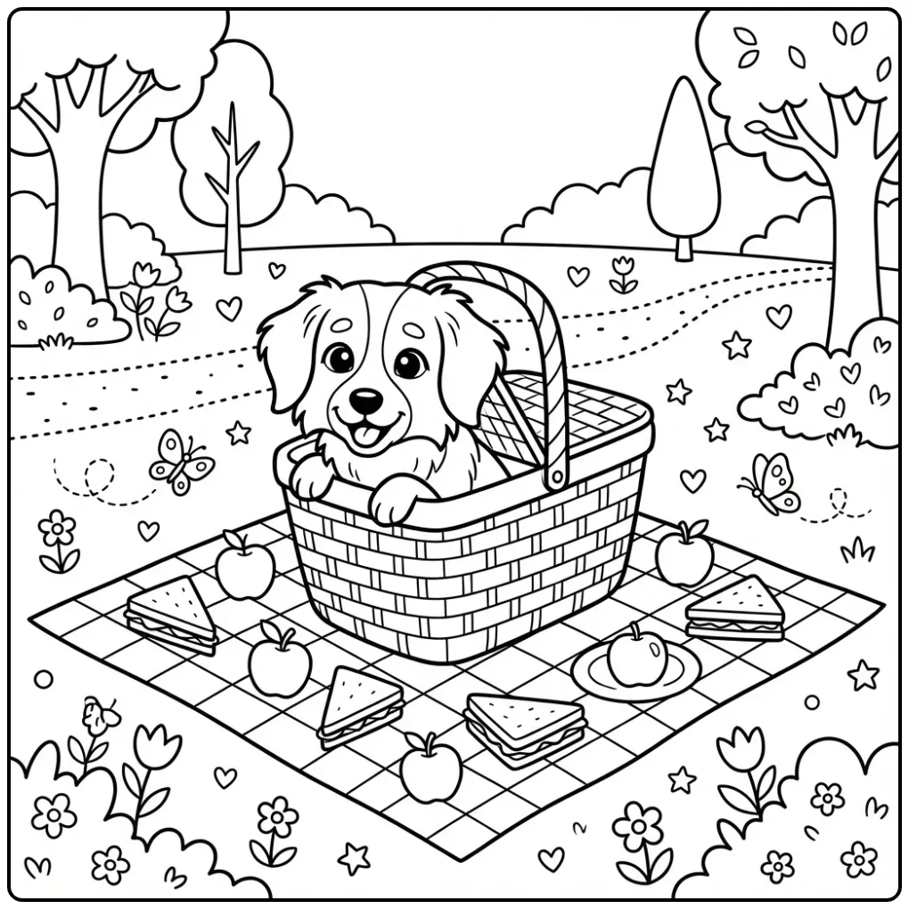 Een schattige kleurplaat hond makkelijk in een picknickmand.