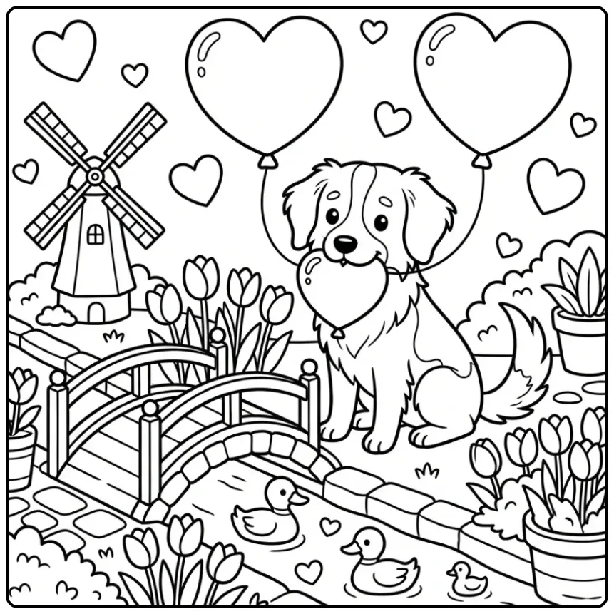 Schattige kleurplaat hond met hartjes, tulpjes en een ballon.