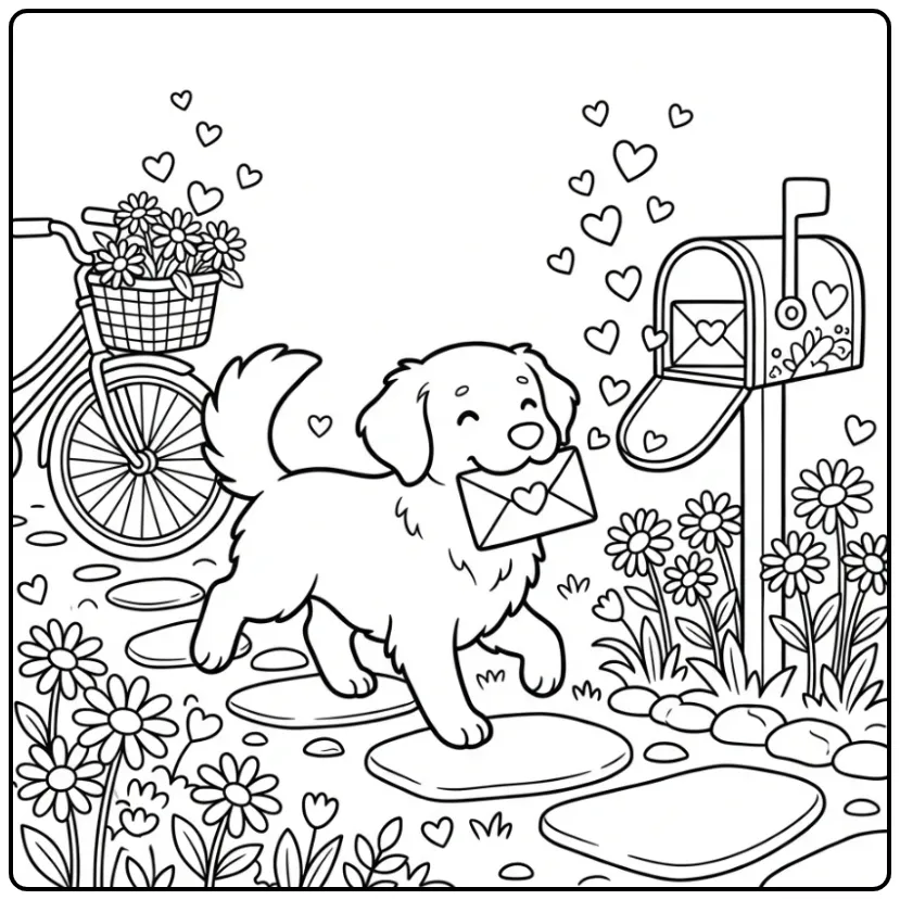 Lieve Stabyhoun kleurplaat hond met hartjes en een postbus.