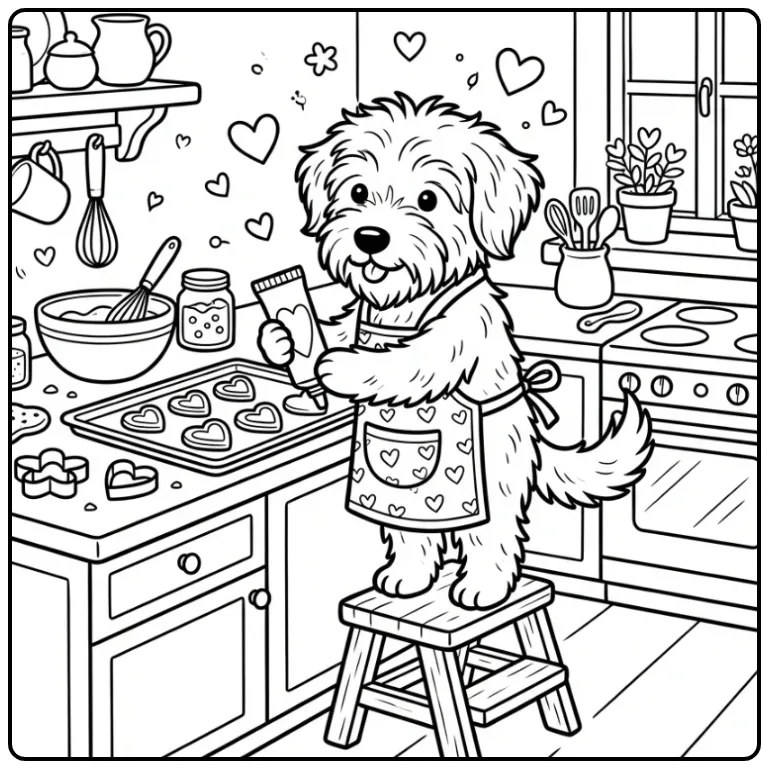 Een schattige kleurplaat hond met hartjes in de keuken.