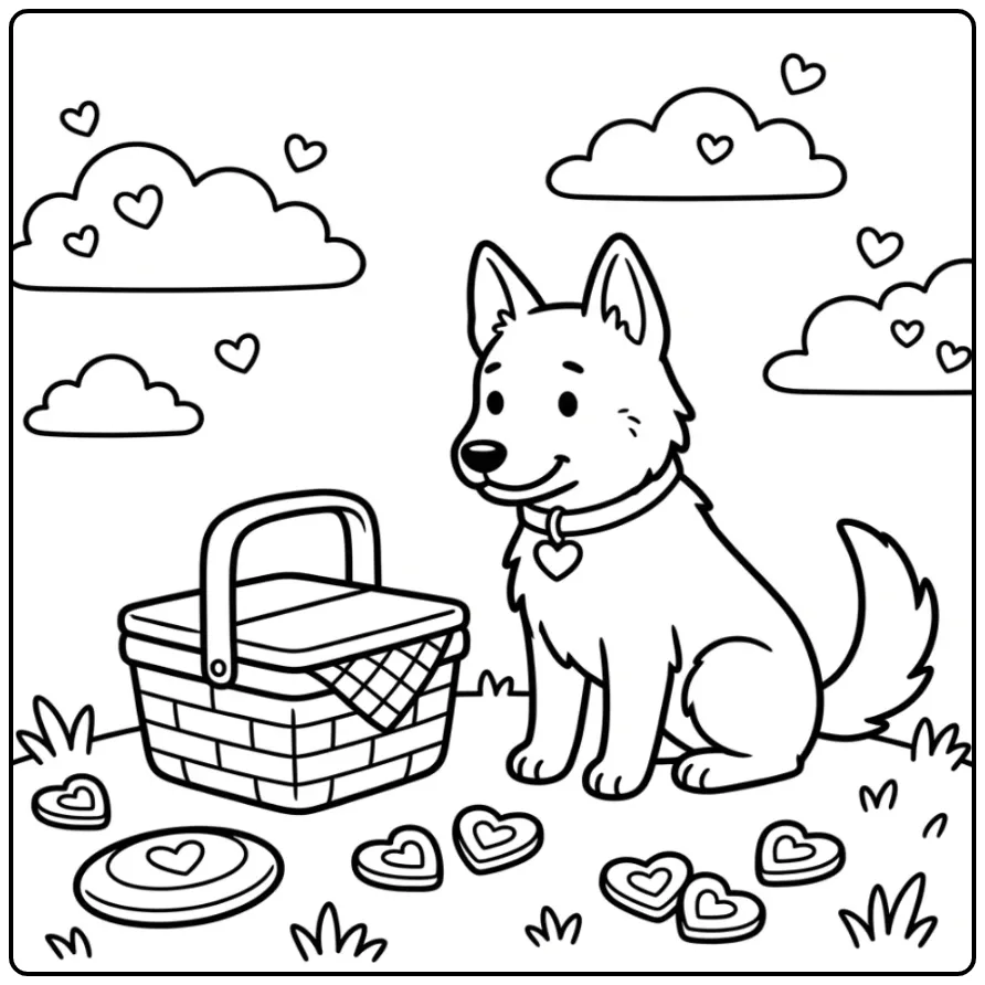 Leuke kleurplaat hond met hartjes bij een picknickmand.