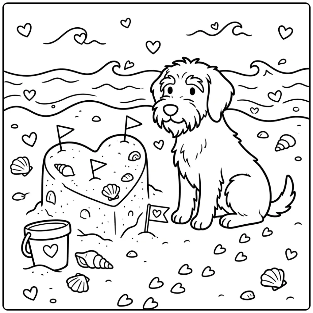 Een schattige kleurplaat hond met hartjes op het strand.