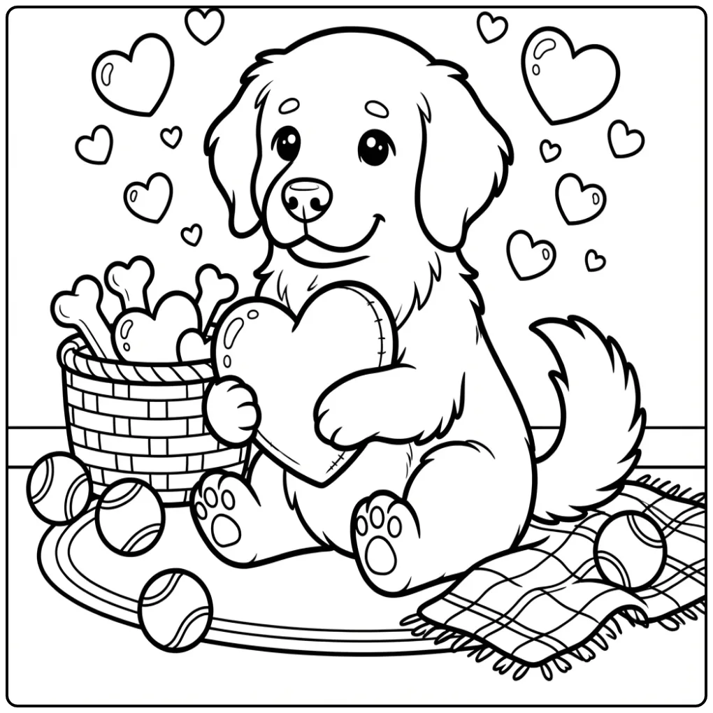 Lieve Golden Retriever kleurplaat hond met hartjes en speelgoed.