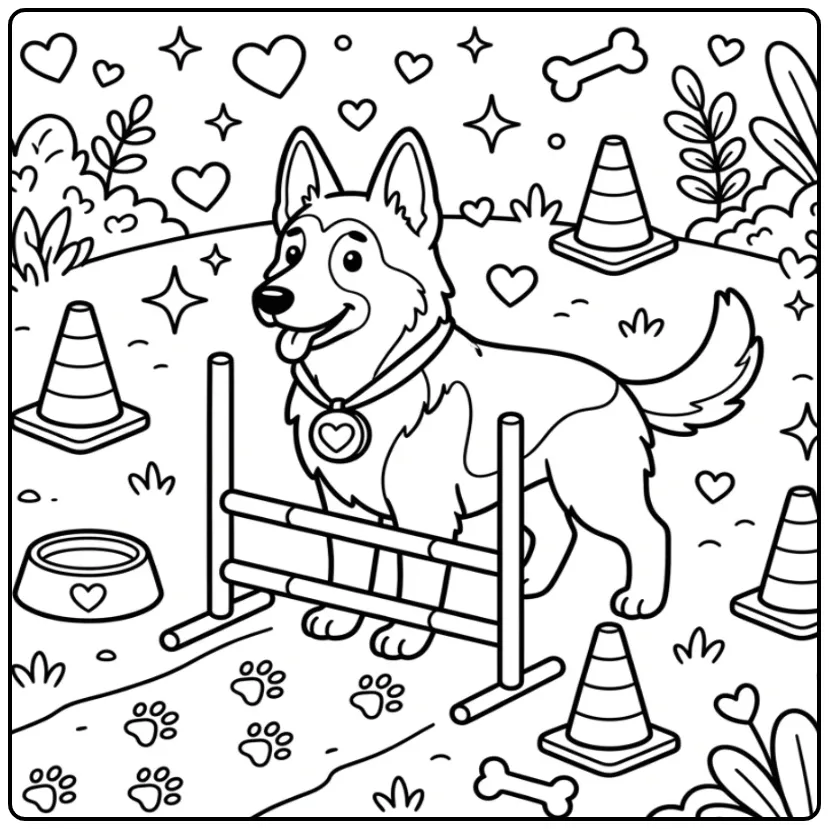 Duitse Herder kleurplaat hond met hartjes en een medaille.