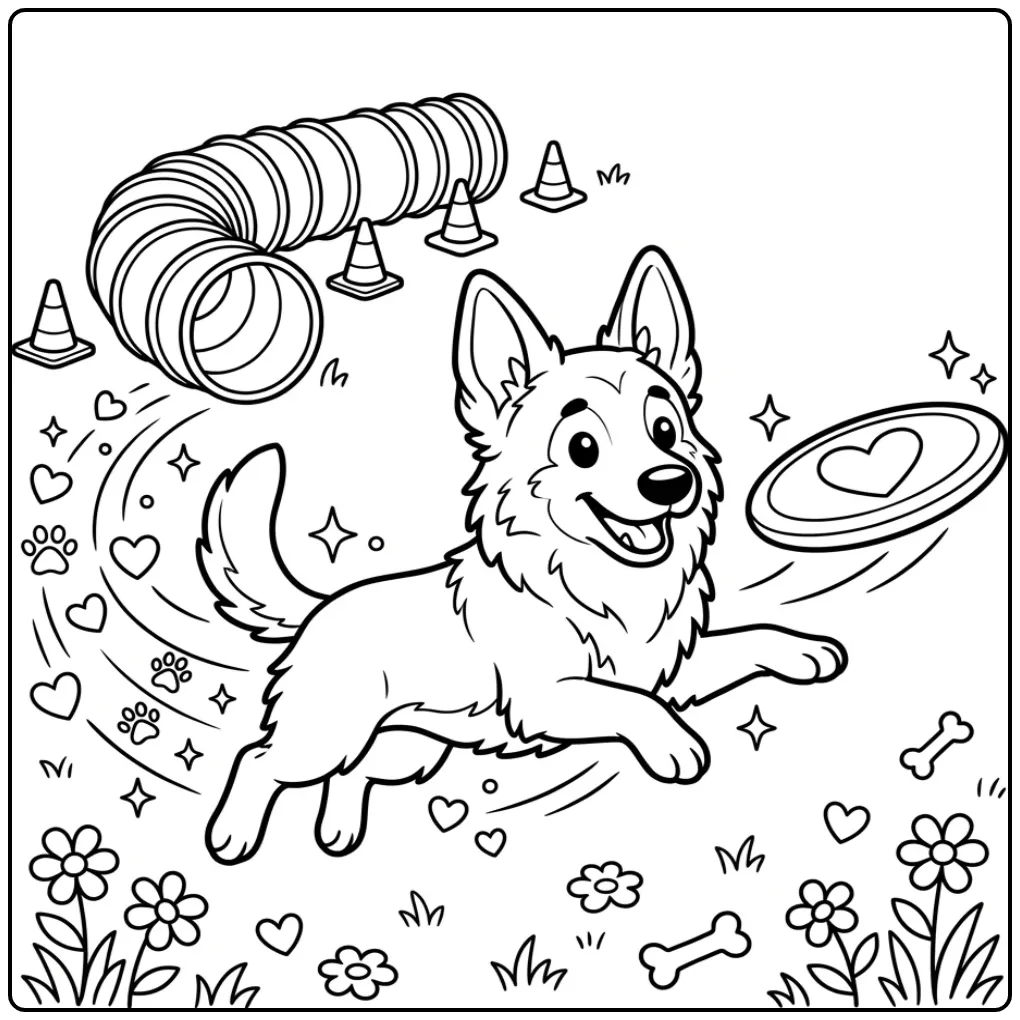 Leuke kleurplaat hond met hartjes van een Mechelse herder.