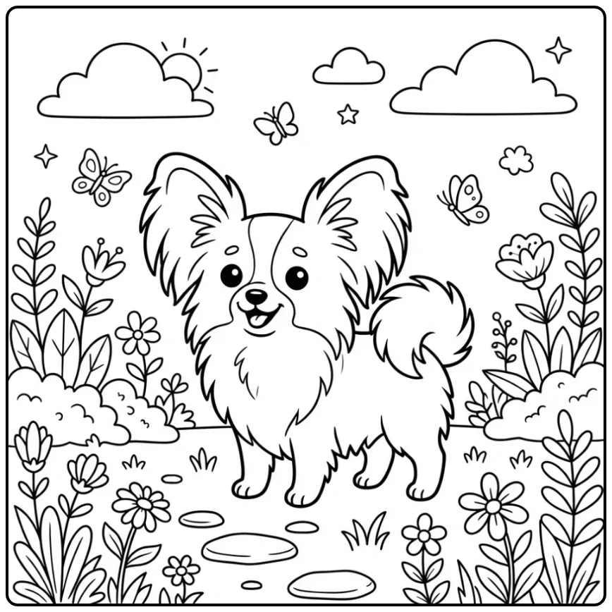 Schattige kleurplaat hond Papillon met vlinders in de tuin.