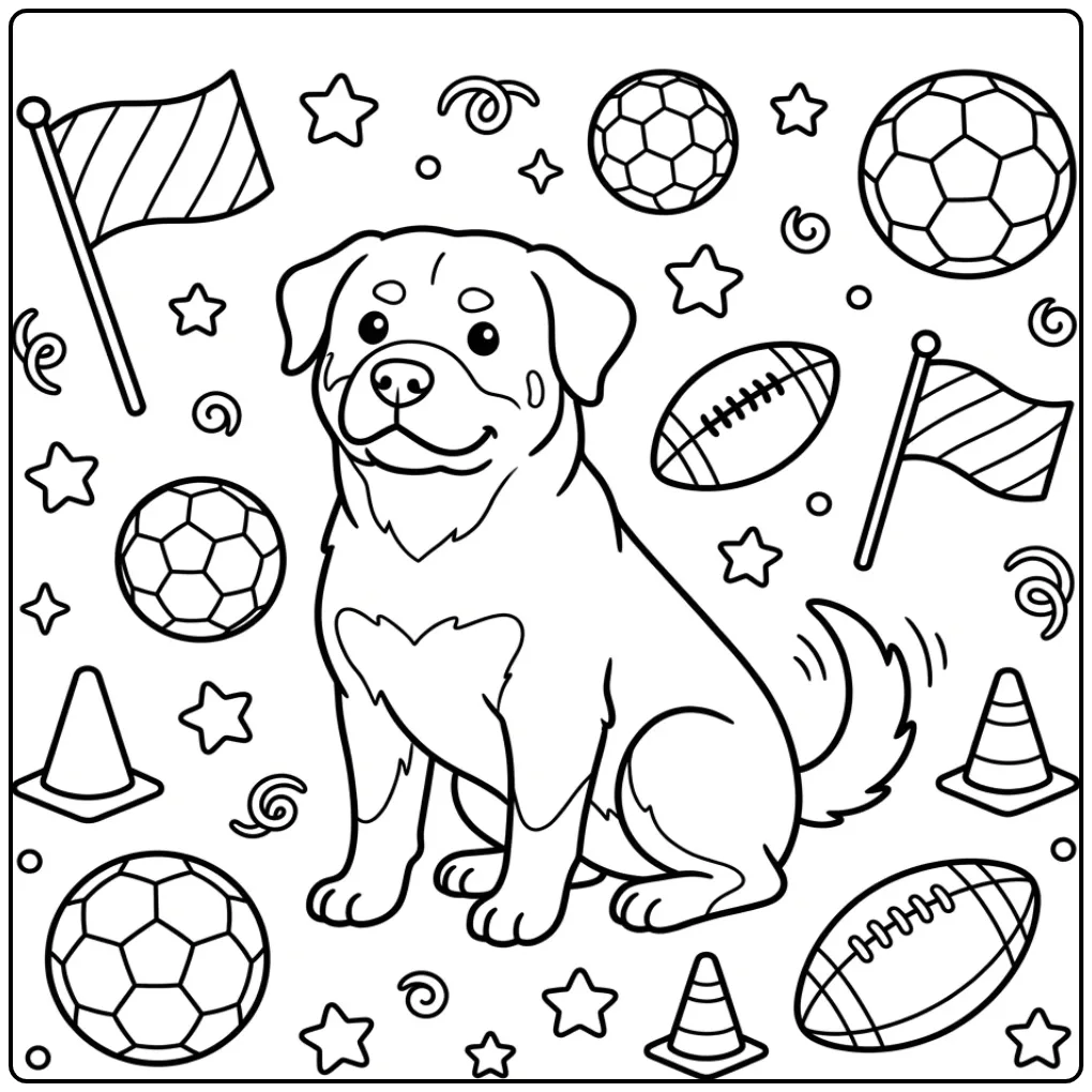 Sportieve kleurplaat hond schattig Rottweiler met ballen.