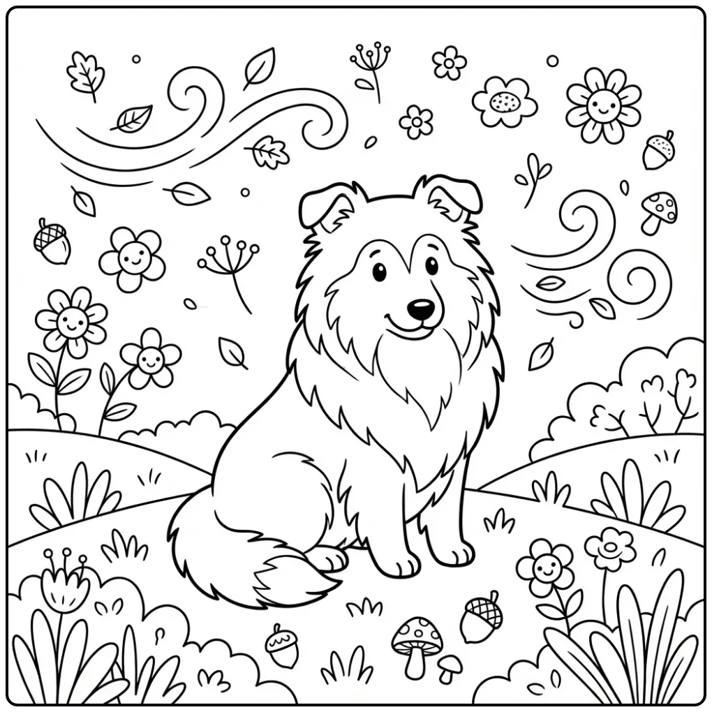 Sheltie in de wind, kleurplaat hond schattig met bladeren.