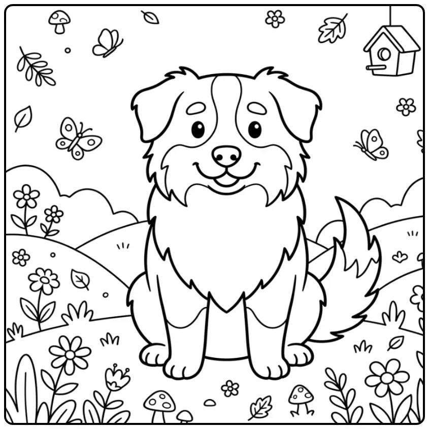 Een kleurplaat hond schattig Australian Shepherd in de wei.