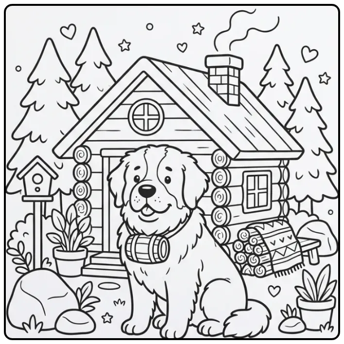 Een Sint-Bernard kleurplaat hond schattig bij een berghut.