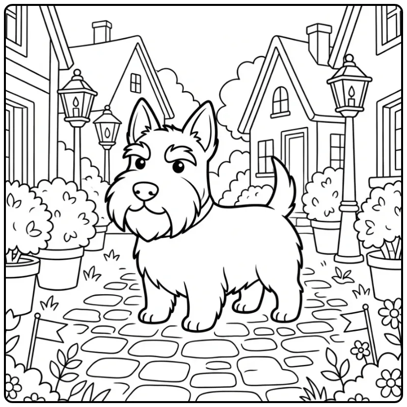 Kleurplaat hond: trotse Schotse Terriër op een klinkerpad.