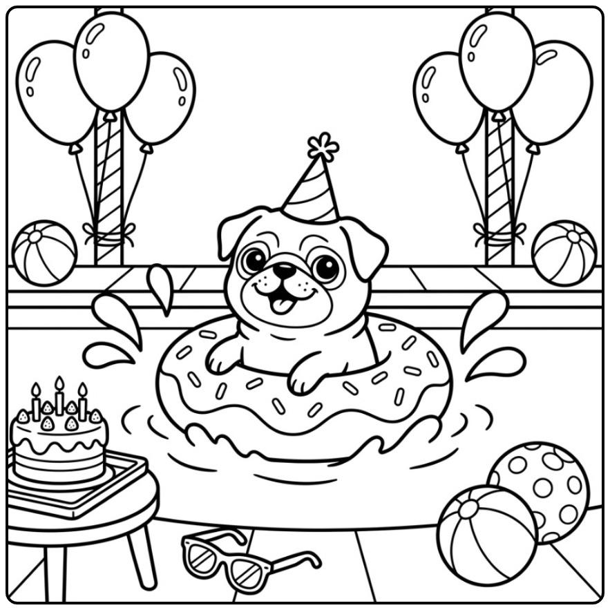 Schattige kleurplaat hond verjaardag van een mopshond op een feest.