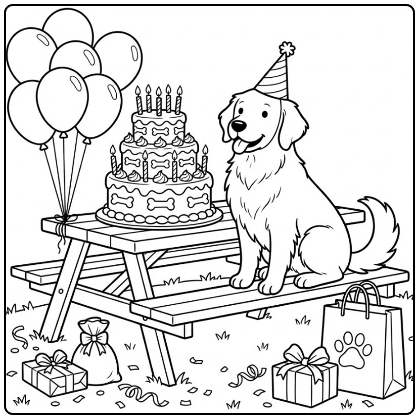 Een schattige kleurplaat hond verjaardag met een feestmuts.