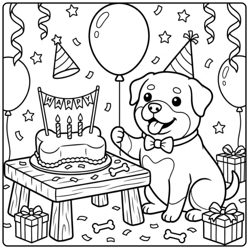 Een feestelijke kleurplaat hond verjaardag met een Rottweiler.
