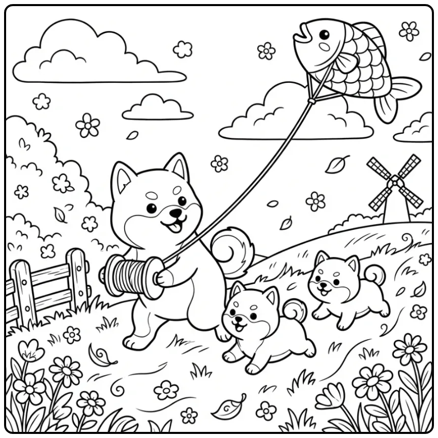 Schattige kleurplaat honden puppies in de wind